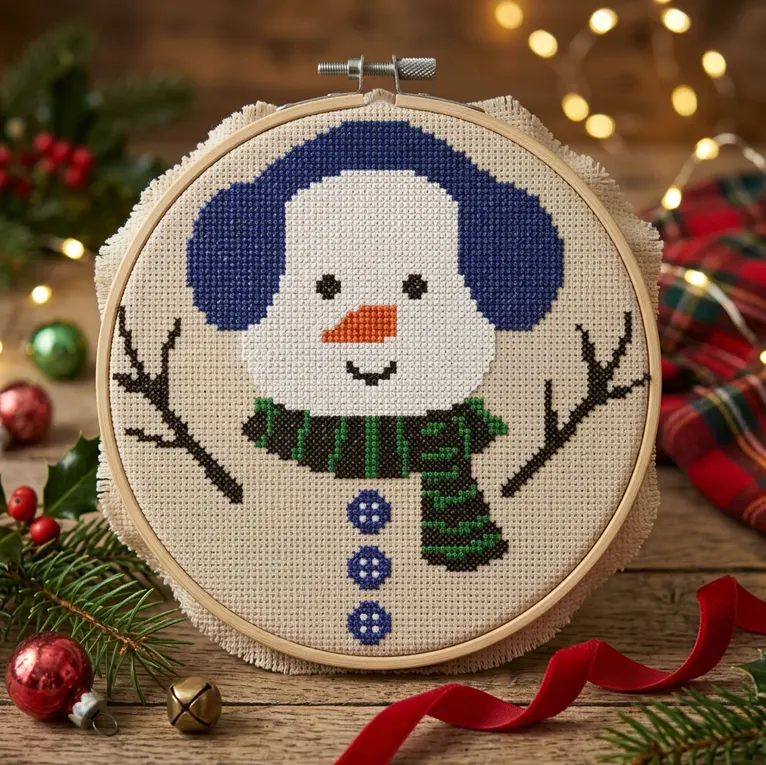 Snowman cross stitch inside a wooden hoop on a table with Christmas decorations.